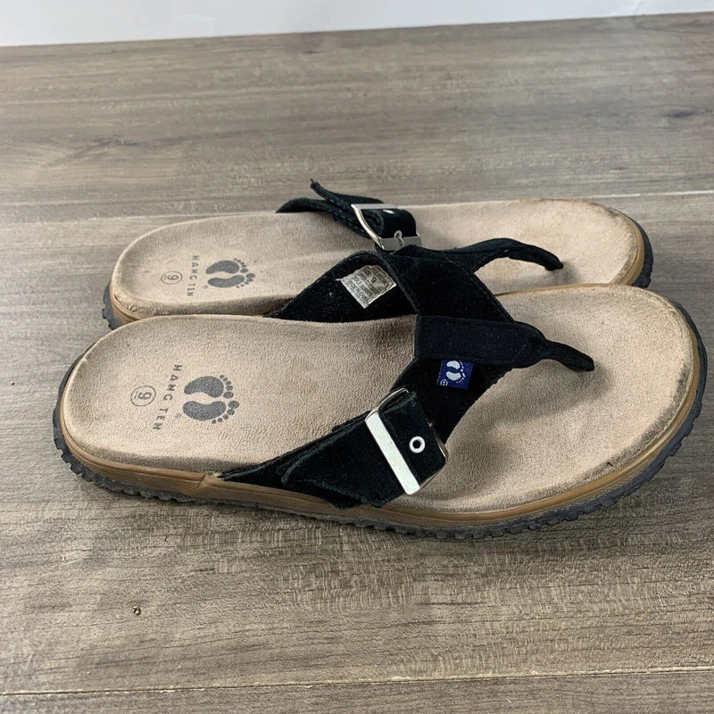 Hang Ten Mens Size 9 Suede Flip Flops Tong Sandals Black Slip On Rubber Soles