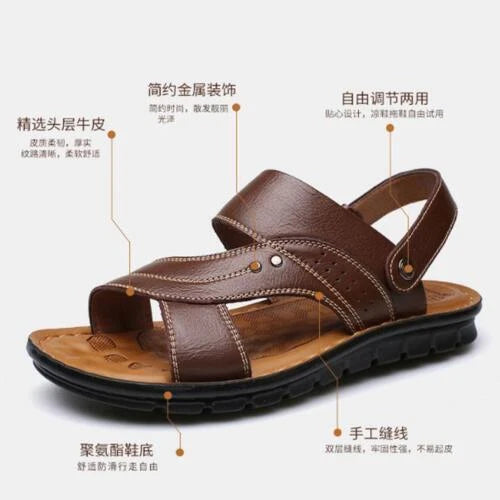 Black Men Genuine Leather Sandals Summer Casual Sports Beach Shoes Soft Slippers