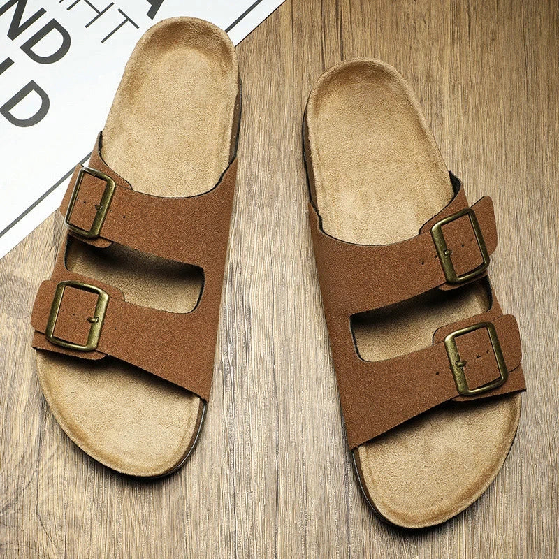 Leather Cork Slippers Men Beach Sandals Summer Outdoor Women Soft Slides Unisex