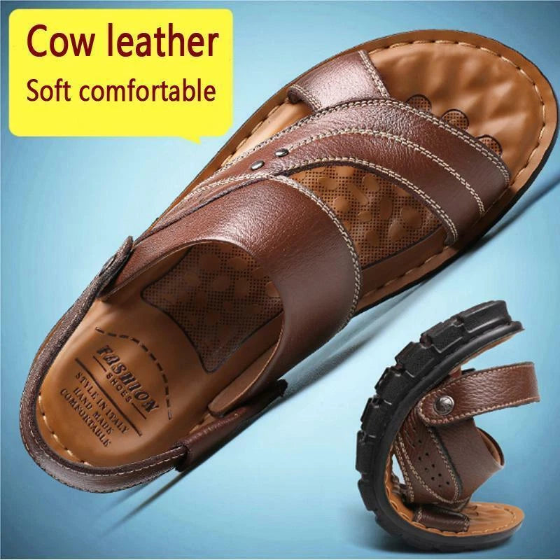 Black Men Genuine Leather Sandals Summer Casual Sports Beach Shoes Soft Slippers