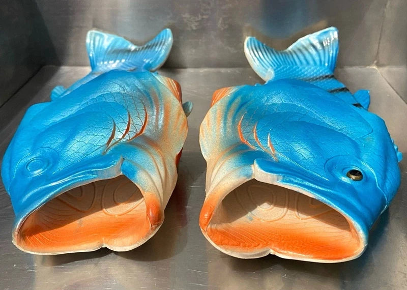 Funny Fish Slippers Flip Flops Size 13/14  Unisex Beach Camp Shoes Gag Gift Idea