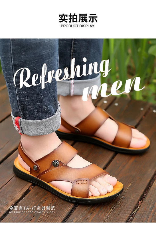 Blue Summer Men Microfiber Leather Sandals Casual Sports Beach Shoes Slippers