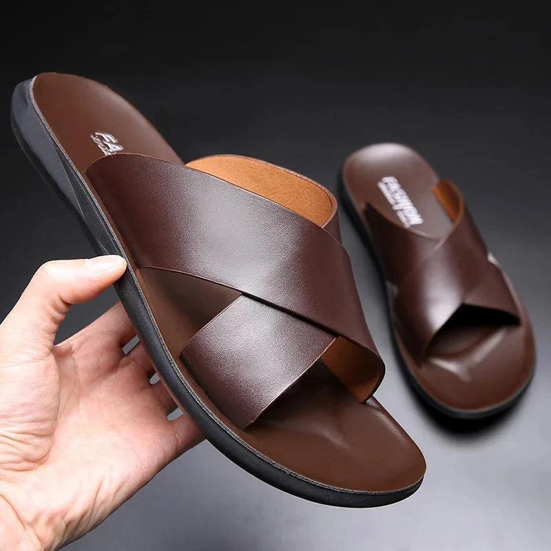 Mens Faux Leather Flats Slip On Summer Casual Slippers Casual Beach Slides Shoes