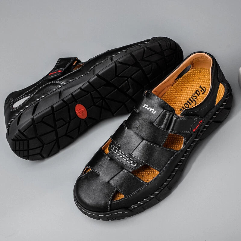 Men's Leather Sandals Outdoor Flat Roman Platform Casual Shoes Beach Slippers