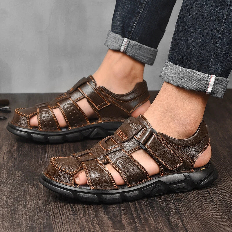 Fashion Men's Beach Slippers Genuine Leather Soft Breathable Non-slip Sandals