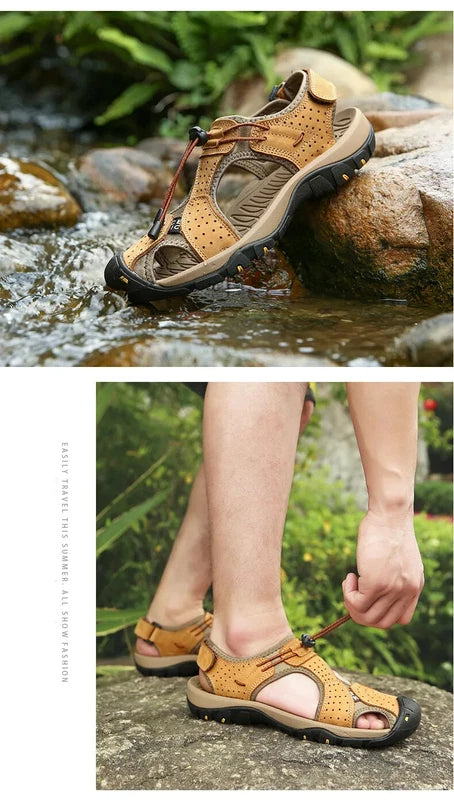 Men's Leather Sandals Summer Outdoor Beach Shoes Comfort Casual Lackk Up Slipper