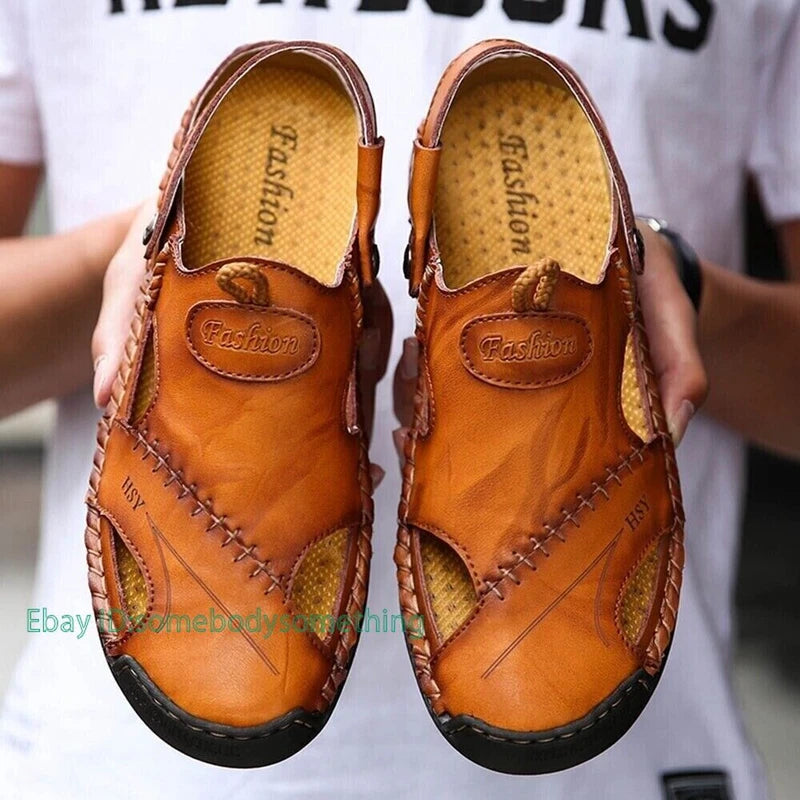 Mens Leather Sandals Water Shoes Summer Closed Toe Fisherman Beach Slippers Size