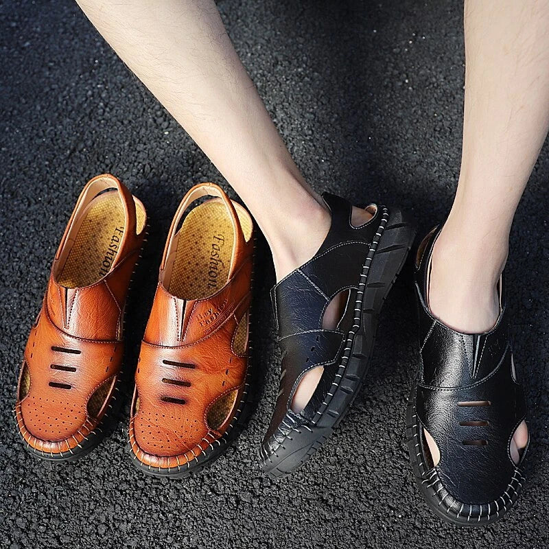 Men Beach Sandals Casual Genuine Leather Non-slip Flats Fashion Slipper