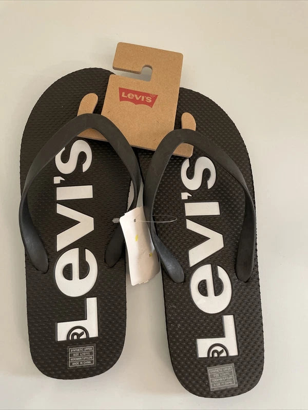 Levis Men Casual Sandal Fit Flop Thong Beach Slippers BLACK White logo L(10/11)