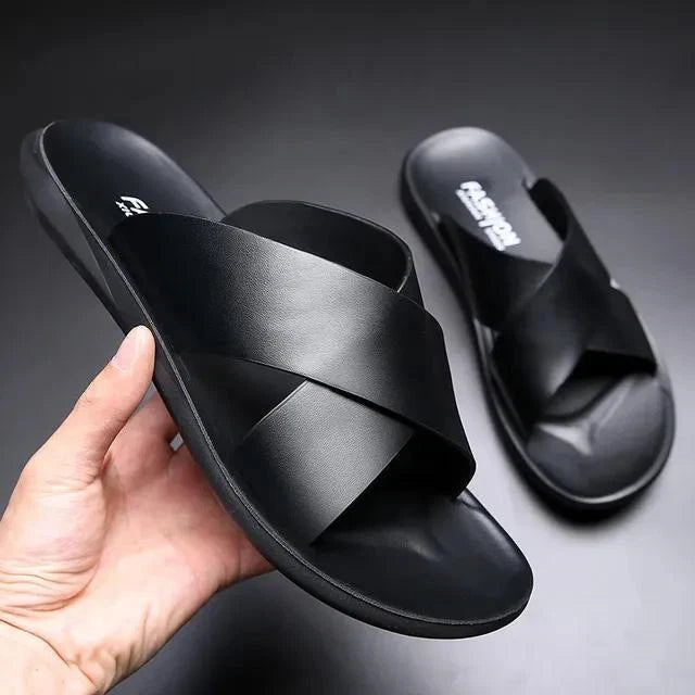 Mens Faux Leather Flats Slip On Summer Casual Slippers Casual Beach Slides Shoes