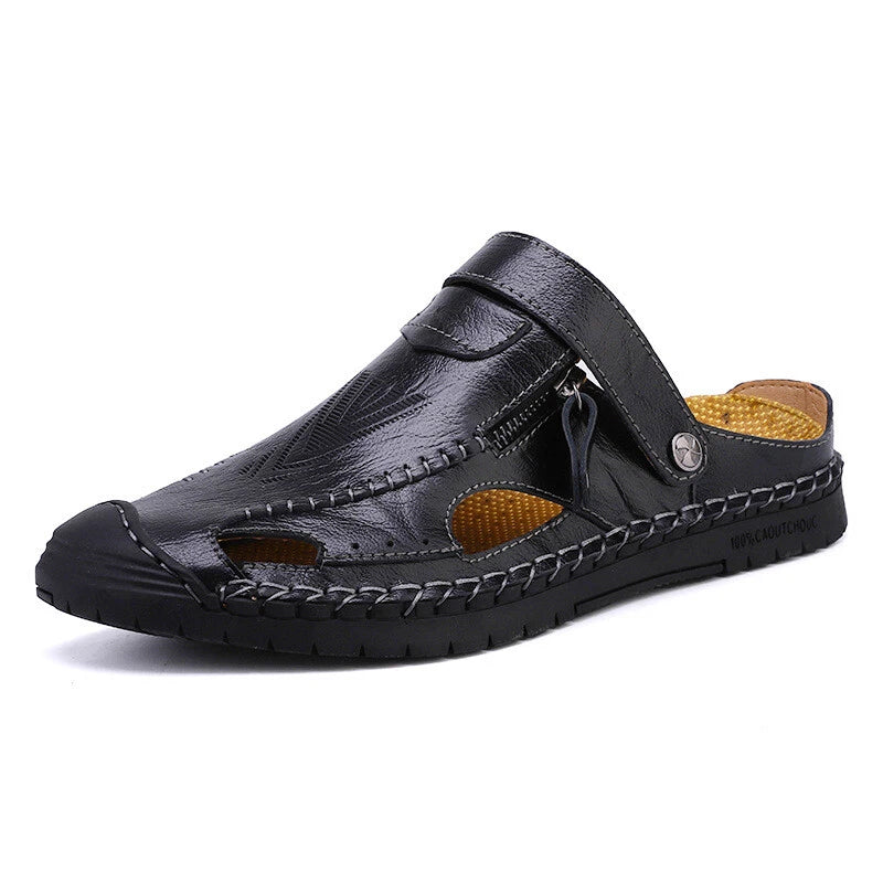 Men's Flat Leather Round Toe Openwork Breathable Beach Sandals and Slippers