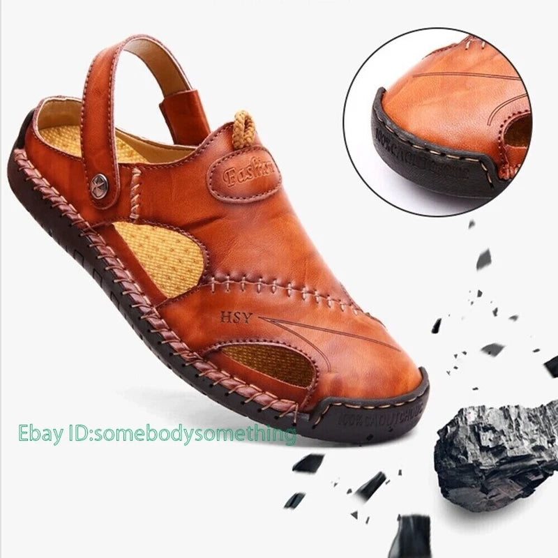 Mens Leather Sandals Water Shoes Summer Closed Toe Fisherman Beach Slippers Size