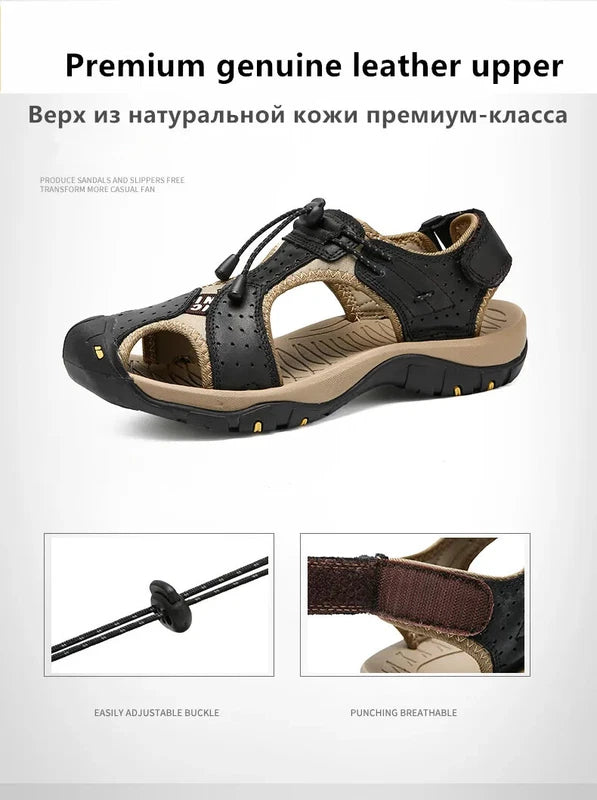 Men's Leather Sandals Summer Outdoor Beach Shoes Comfort Casual Lackk Up Slipper