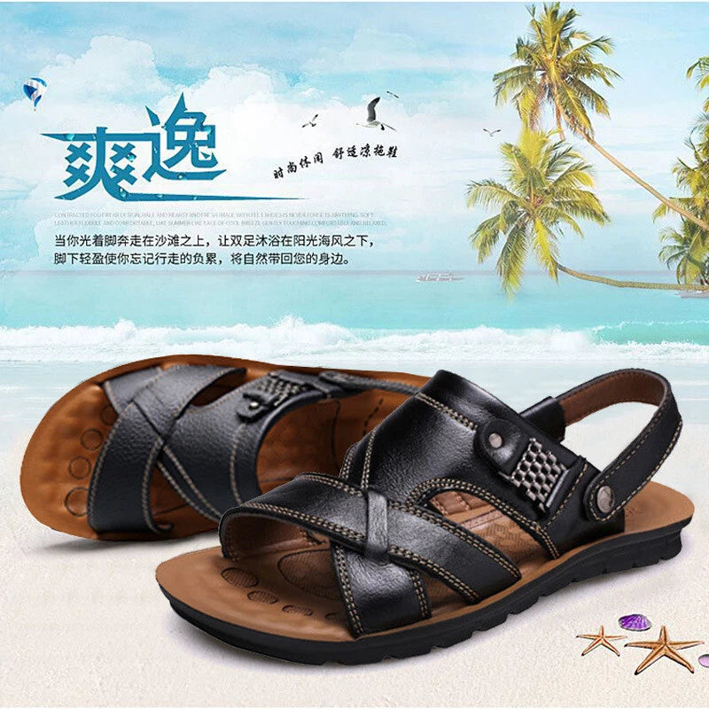 38-48 Summer Open Toe Slippers Sandals Hollow Out Faux Leather Men's Beach Shoes