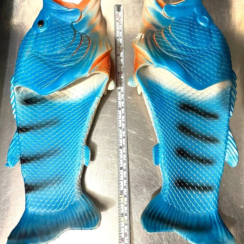 Funny Fish Slippers Flip Flops Size 13/14  Unisex Beach Camp Shoes Gag Gift Idea