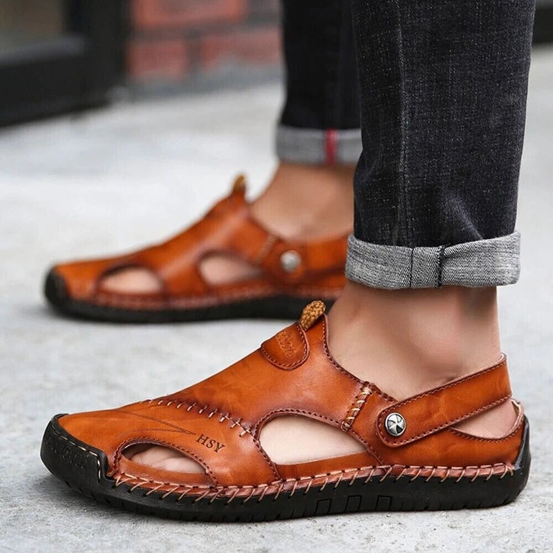 Mens Leather Sandals Water Shoes Summer Closed Toe Fisherman Beach Slippers Size