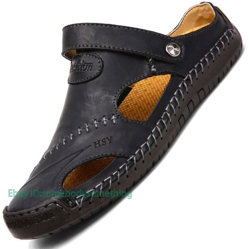 Mens Leather Sandals Water Shoes Summer Closed Toe Fisherman Beach Slippers Size