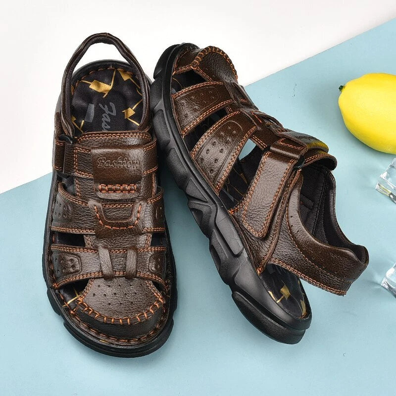 Fashion Men's Beach Slippers Genuine Leather Soft Breathable Non-slip Sandals