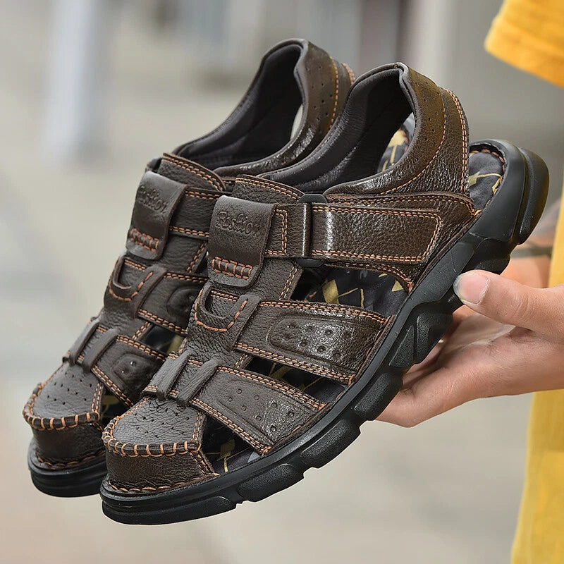 Fashion Men's Beach Slippers Genuine Leather Soft Breathable Non-slip Sandals