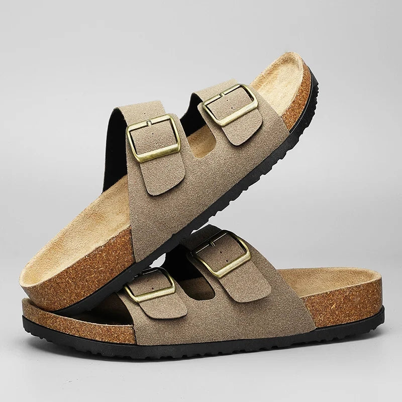 Leather Cork Slippers Men Beach Sandals Summer Outdoor Women Soft Slides Unisex