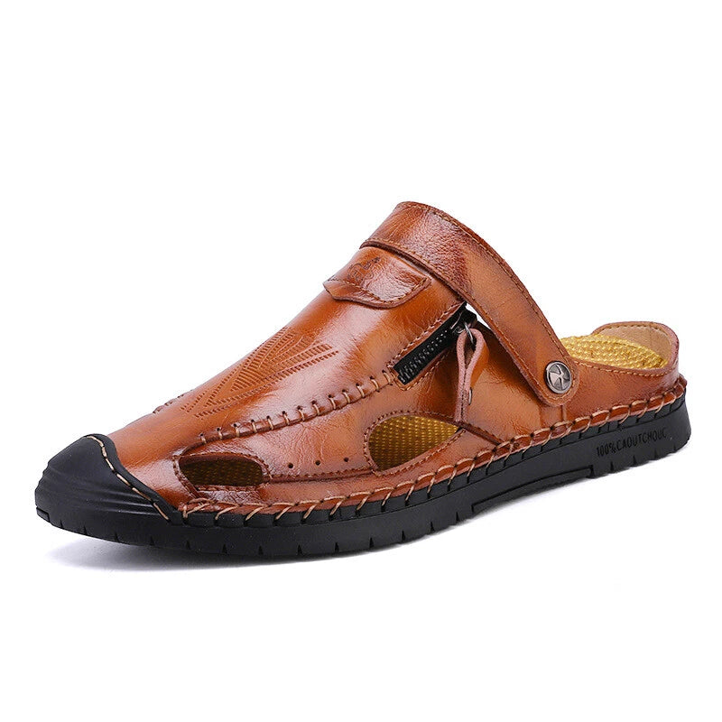 Men's Flat Leather Round Toe Openwork Breathable Beach Sandals and Slippers