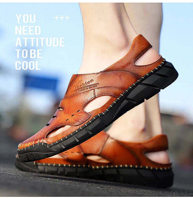Men Beach Sandals Casual Genuine Leather Non-slip Flats Fashion Slipper