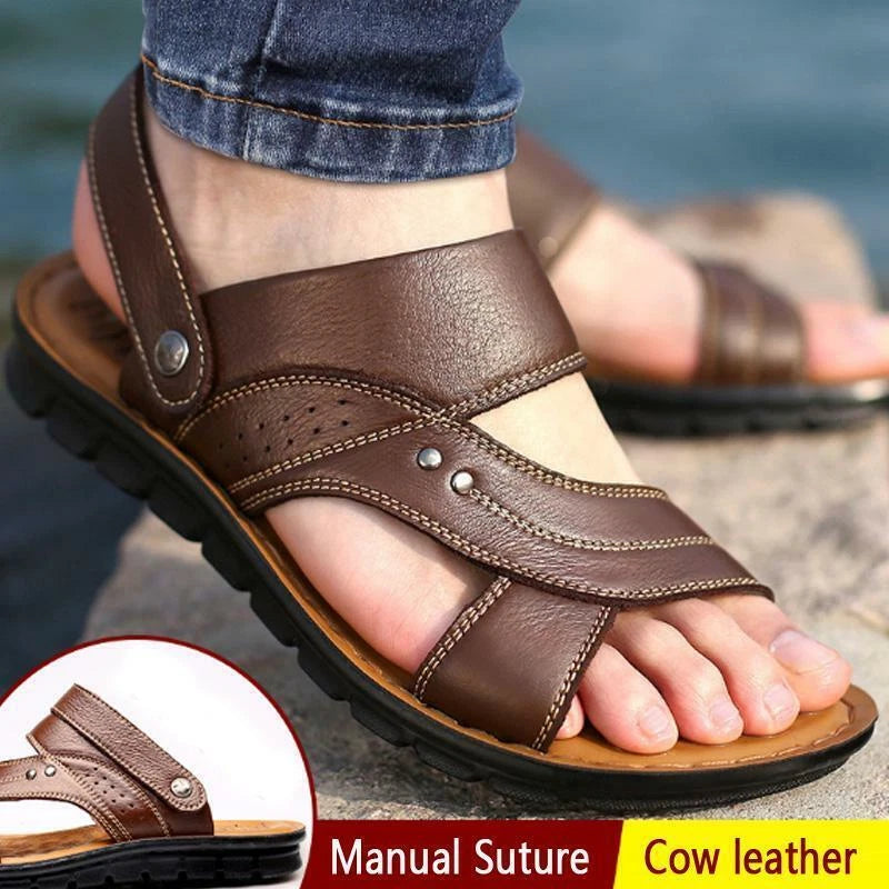 Black Men Genuine Leather Sandals Summer Casual Sports Beach Shoes Soft Slippers