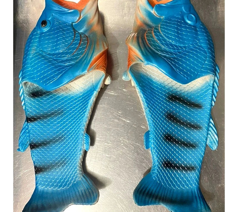 Funny Fish Slippers Flip Flops Size 13/14  Unisex Beach Camp Shoes Gag Gift Idea