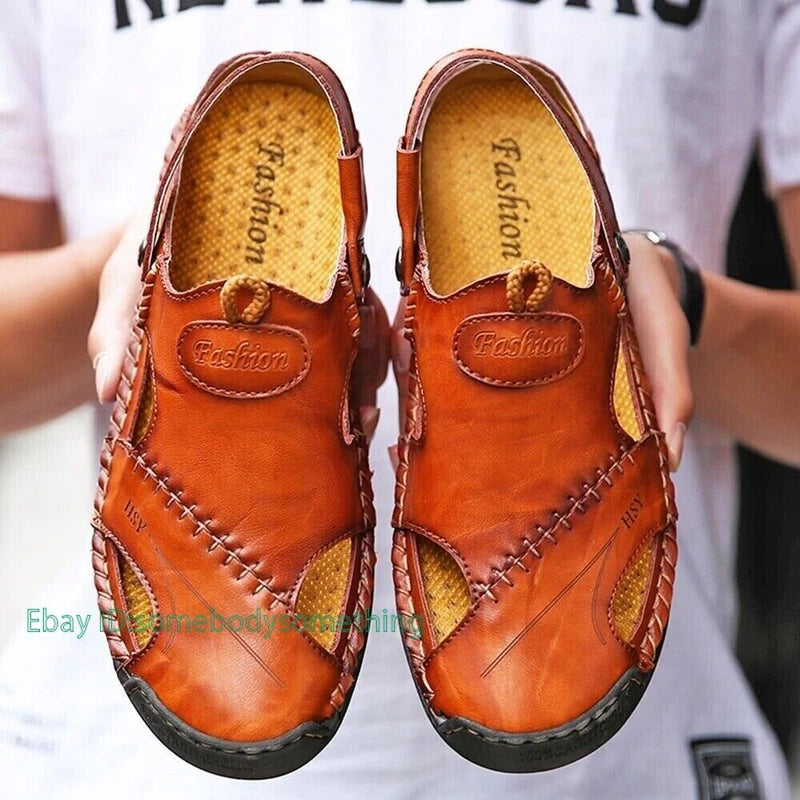 Mens Leather Sandals Water Shoes Summer Closed Toe Fisherman Beach Slippers Size