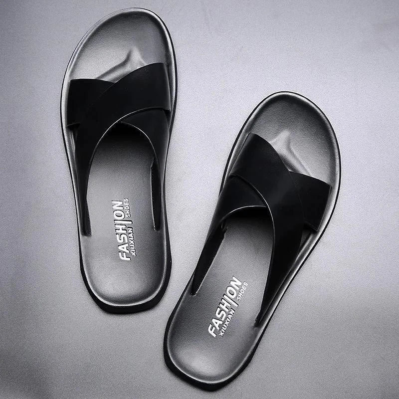 Mens Faux Leather Flats Slip On Summer Casual Slippers Casual Beach Slides Shoes