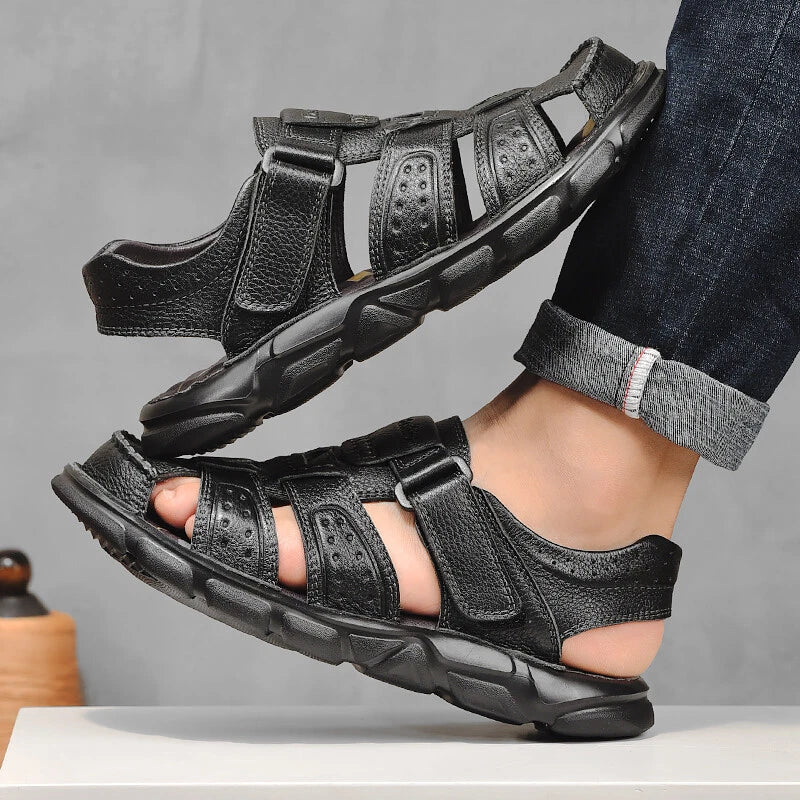 Fashion Men's Beach Slippers Genuine Leather Soft Breathable Non-slip Sandals
