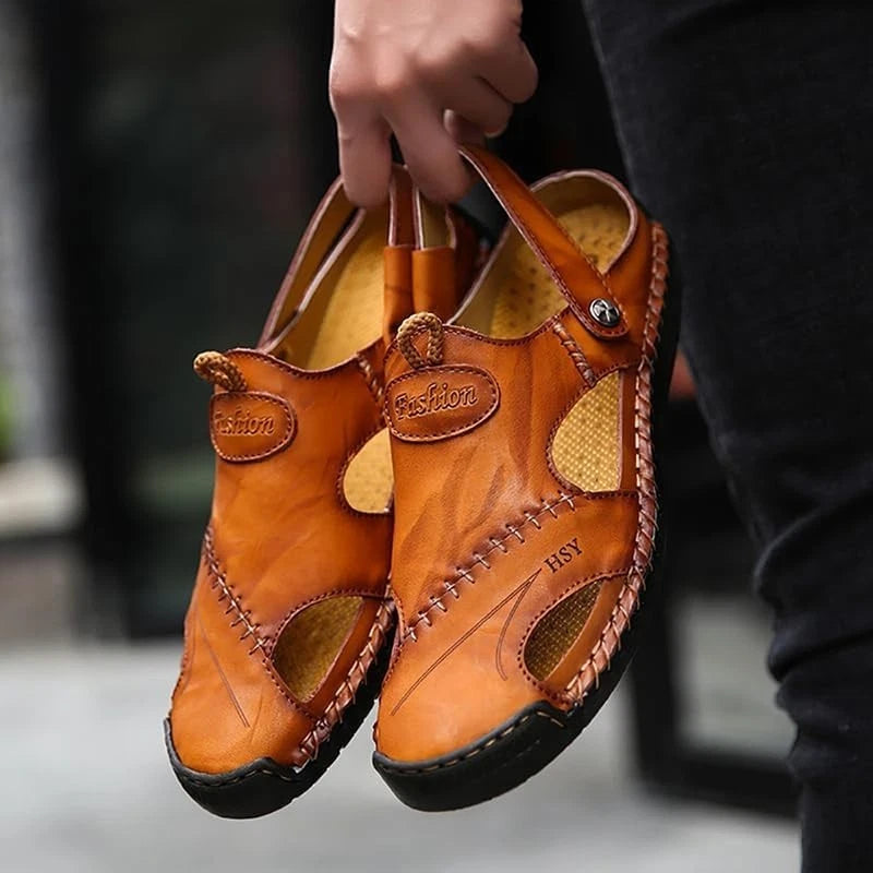 Mens Breathable Sandals Large Size Soft LeatherAdjustable Slipon Outdoor Sandals