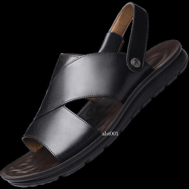 Mens Slippers Slip-On Sandals Summer casual Pu Leather Shoes New Open Toe Beach-