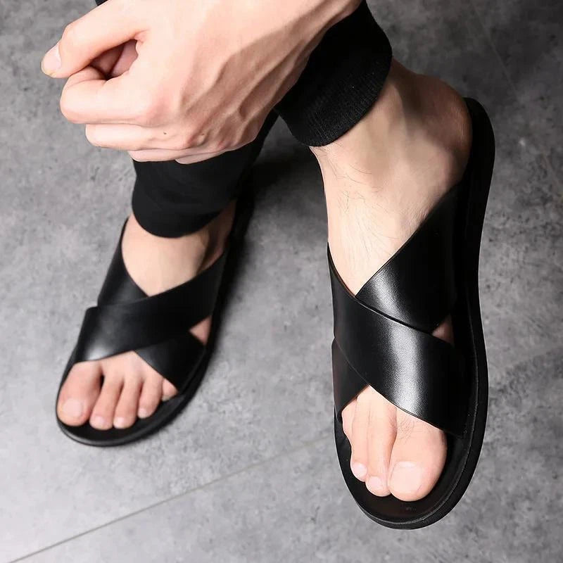 Mens Faux Leather Flats Slip On Summer Casual Slippers Casual Beach Slides Shoes