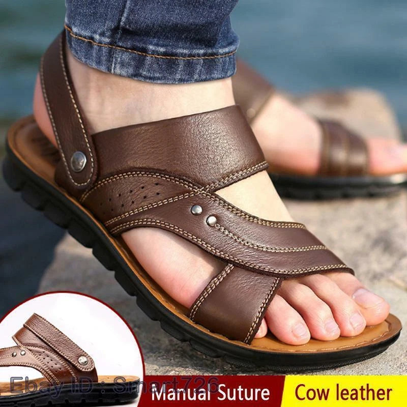 Men Genuine Leather Sandals Summer Casual Sports Beach Shoes Soft Home Slippers