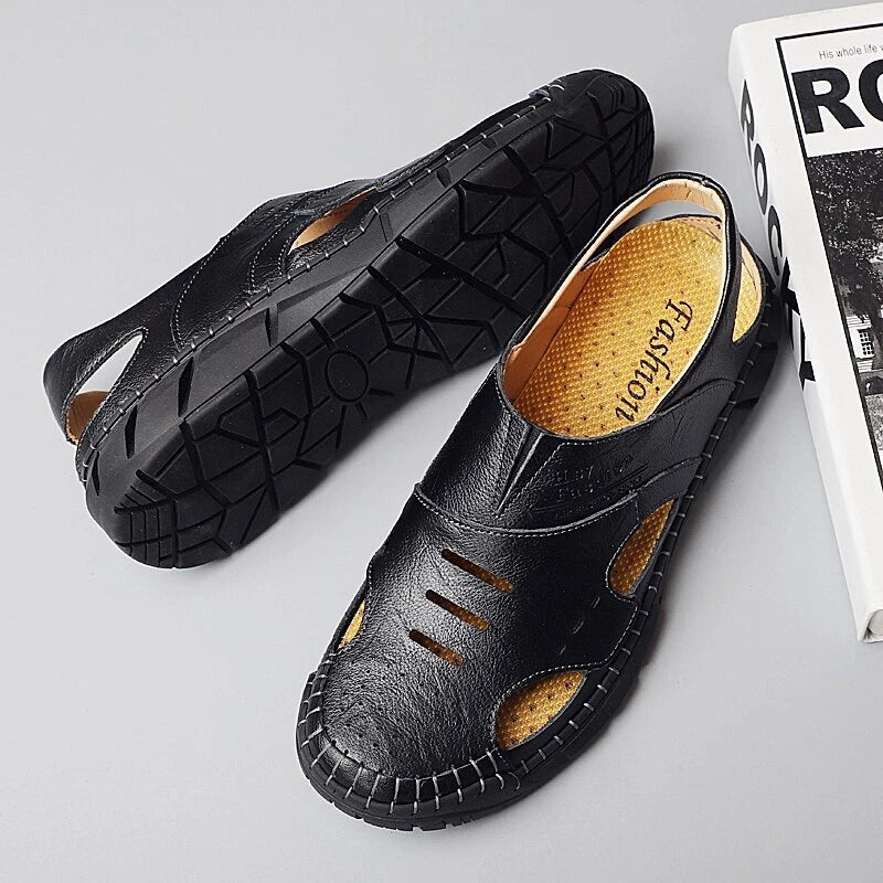 Men Beach Sandals Casual Genuine Leather Non-slip Flats Fashion Slipper