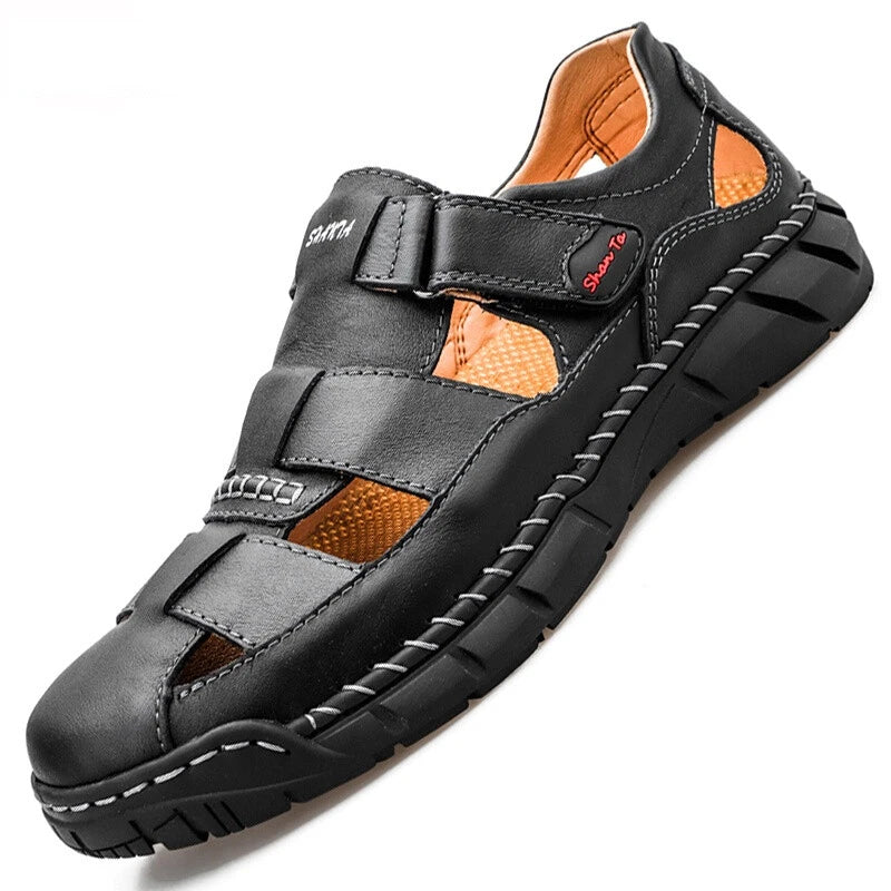 Men's Leather Sandals Outdoor Flat Roman Platform Casual Shoes Beach Slippers