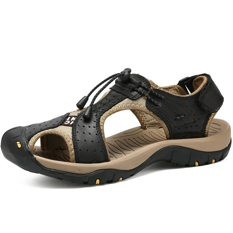 Men's Leather Sandals Summer Outdoor Beach Shoes Comfort Casual Lackk Up Slipper
