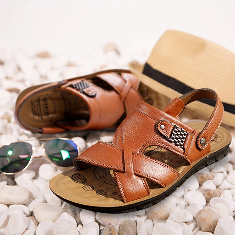 38-48 Summer Open Toe Slippers Sandals Hollow Out Faux Leather Men's Beach Shoes