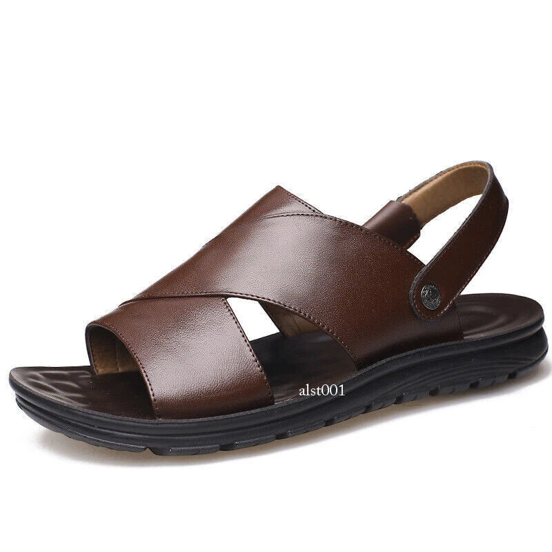 Mens Slippers Slip-On Sandals Summer casual Pu Leather Shoes New Open Toe Beach-