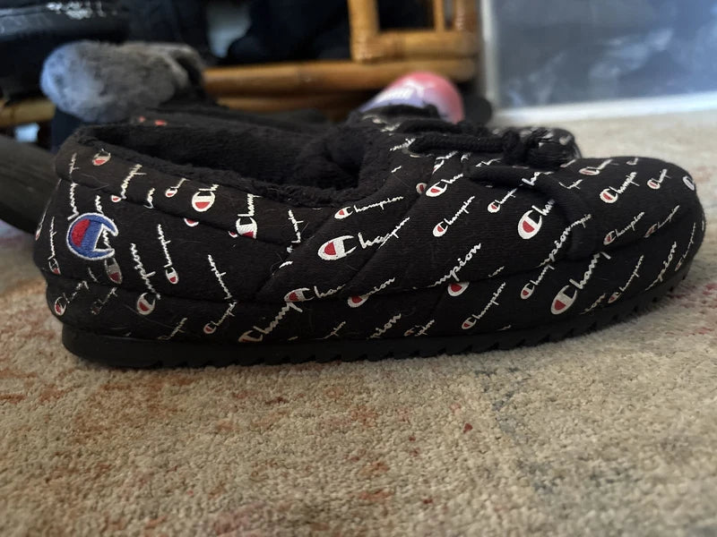Champion Super Meloso Warped Clogs Slippers Black All Over Logo Men's Sz 8