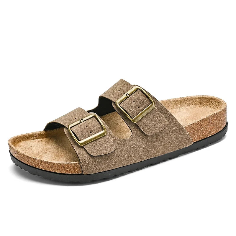 Leather Cork Slippers Men Beach Sandals Summer Outdoor Women Soft Slides Unisex